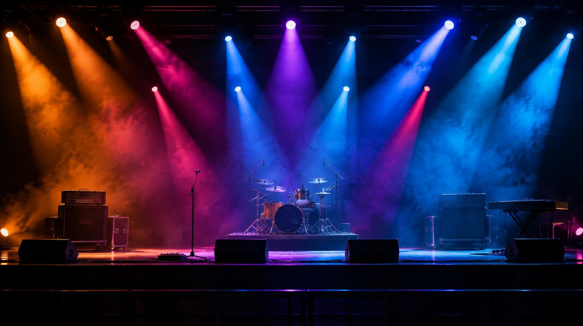 Stage with colorful spotlights and light beams