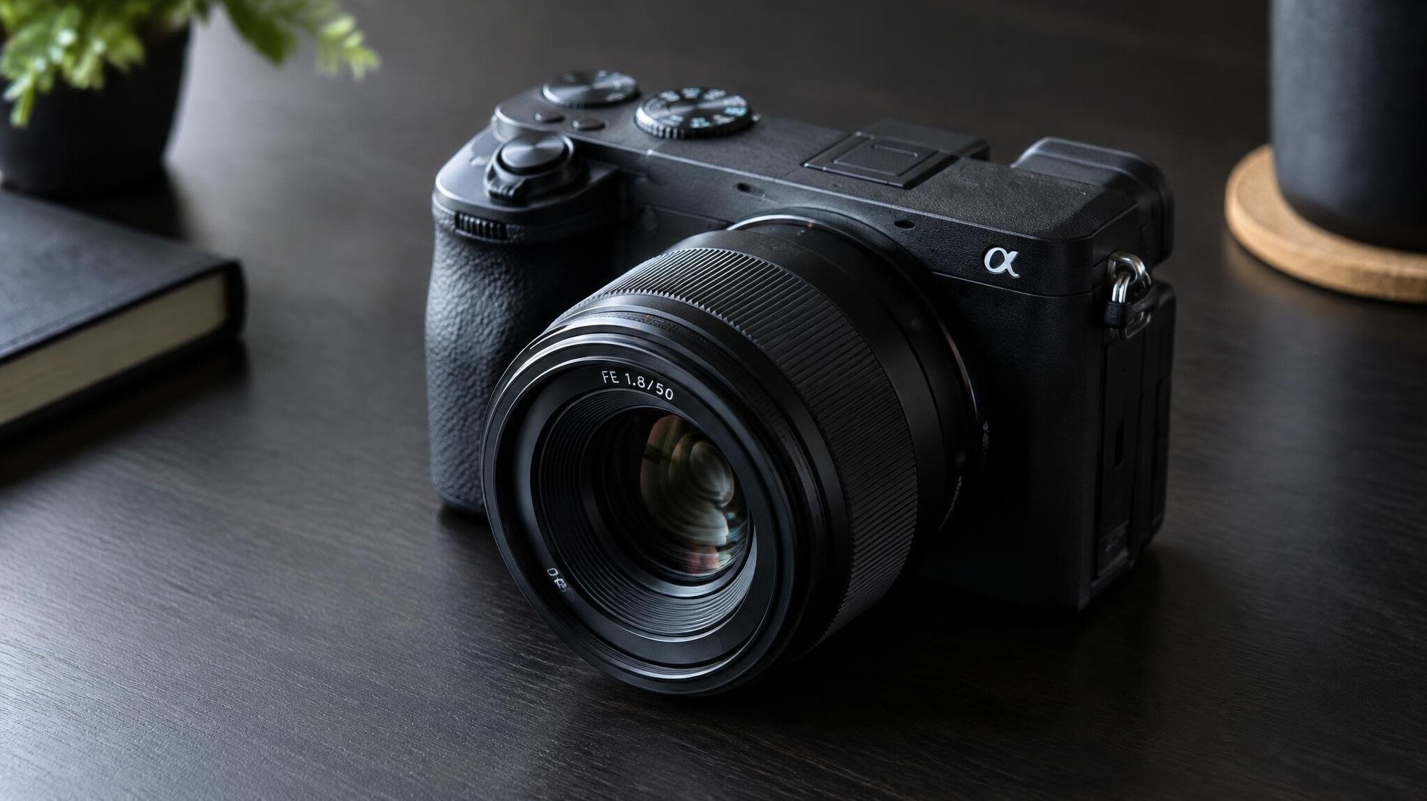 Camera with lens on a table